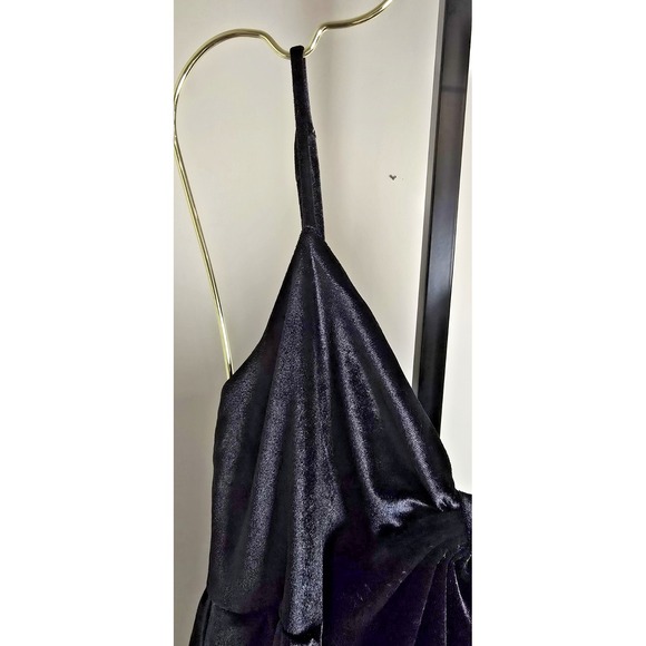TCEC Women's M Black Mini Dress Spaghetti Straps Bow Pockets Smocking Velour - Picture 6 of 16